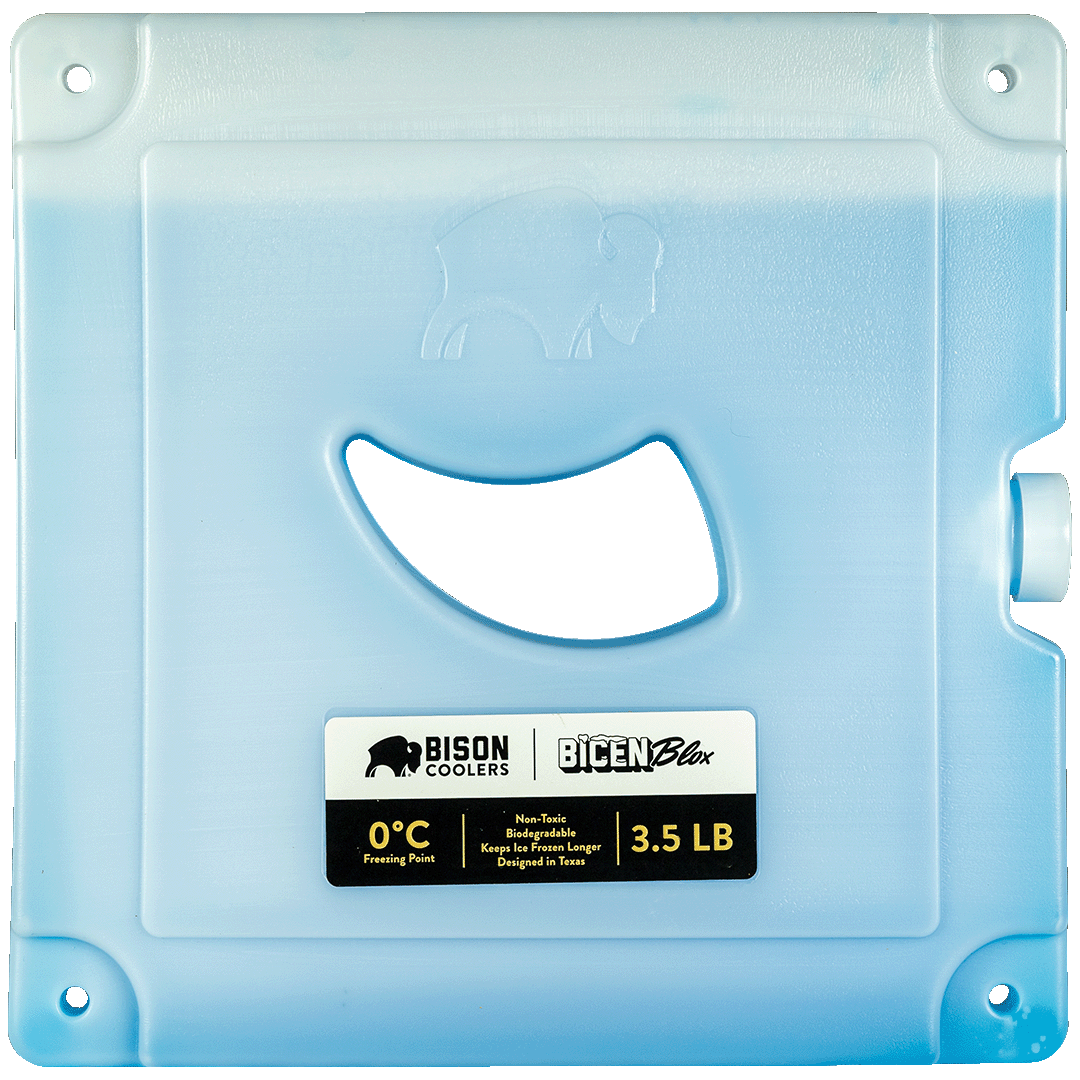Blue cooler pack by Bison, featuring a central handle cutout.