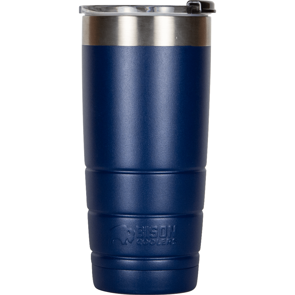 Navy 22 ounce tumbler by Bison Coolers, with stainless steel trim and a clear plastic lid.
