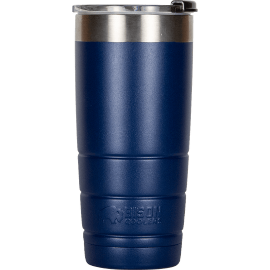 Navy 22 ounce tumbler by Bison Coolers, with stainless steel trim and a clear plastic lid.

