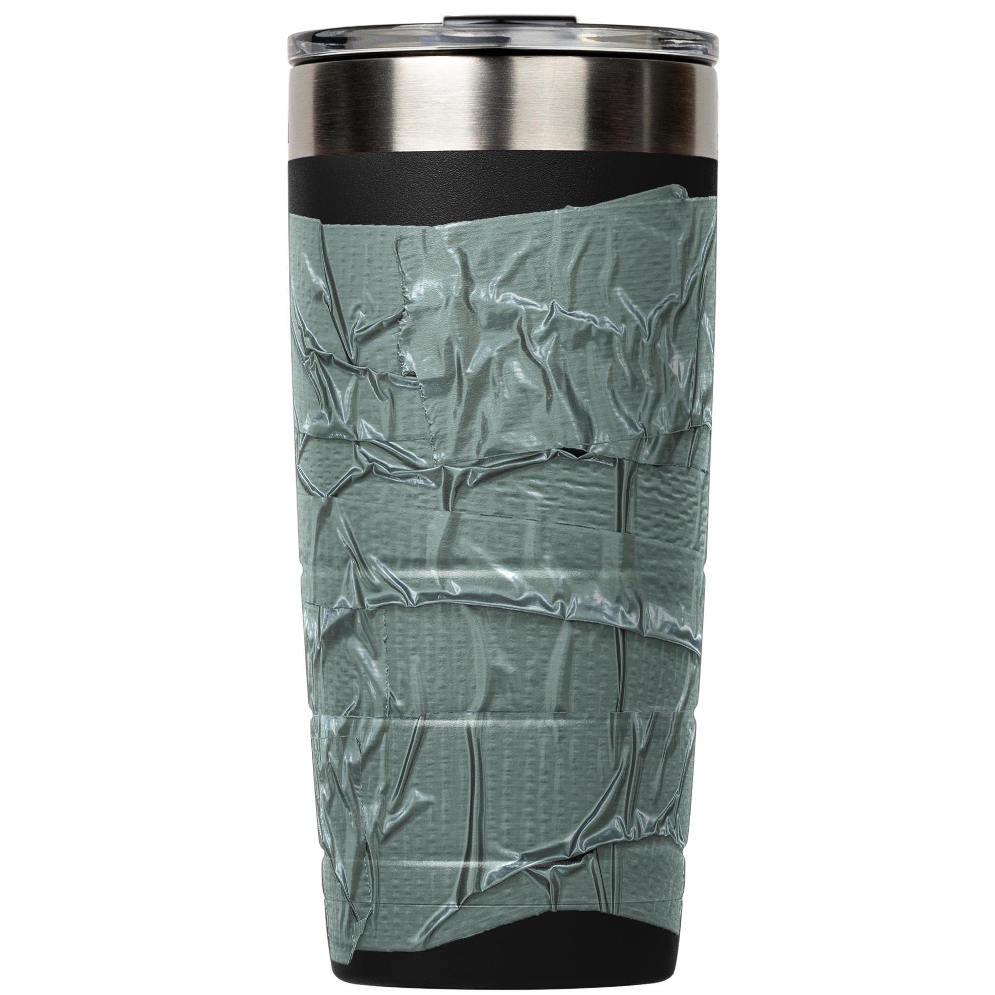 Black stainless steel tumbler with duct tape by Bison, shown on a black background.