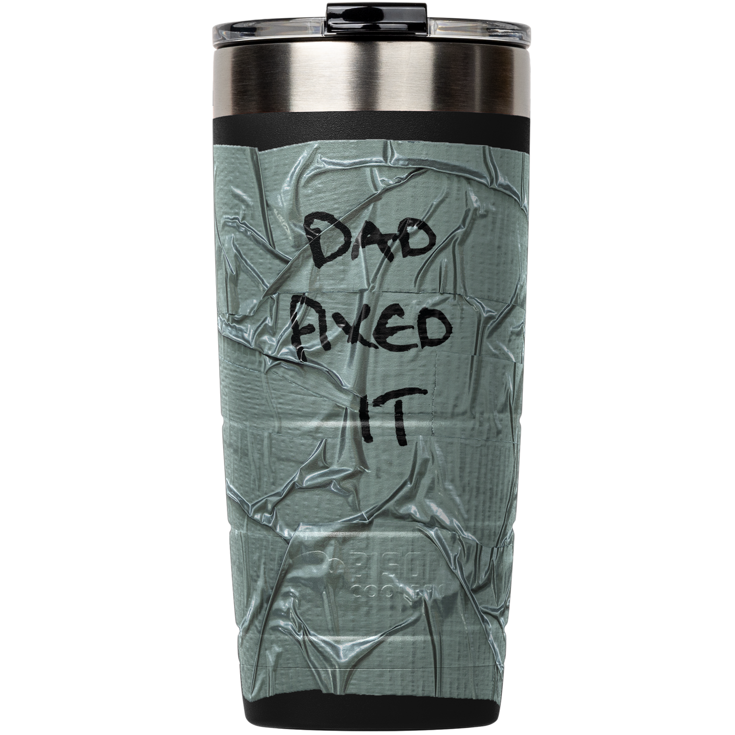 Stainless steel tumbler by Bison Coolers with gray duct tape and the words "Dad fixed it".