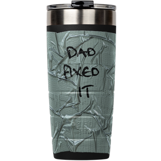 Stainless steel tumbler by Bison Coolers with gray duct tape and the words "Dad fixed it".