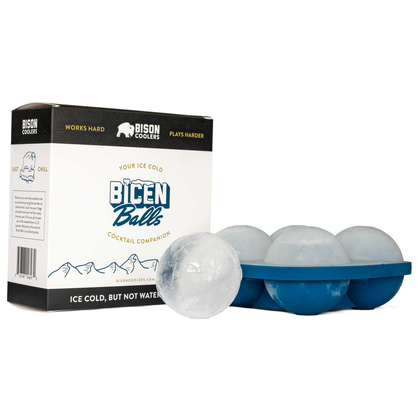 Ice ball mold by Bison Coolers with five clear ice spheres in blue tray.