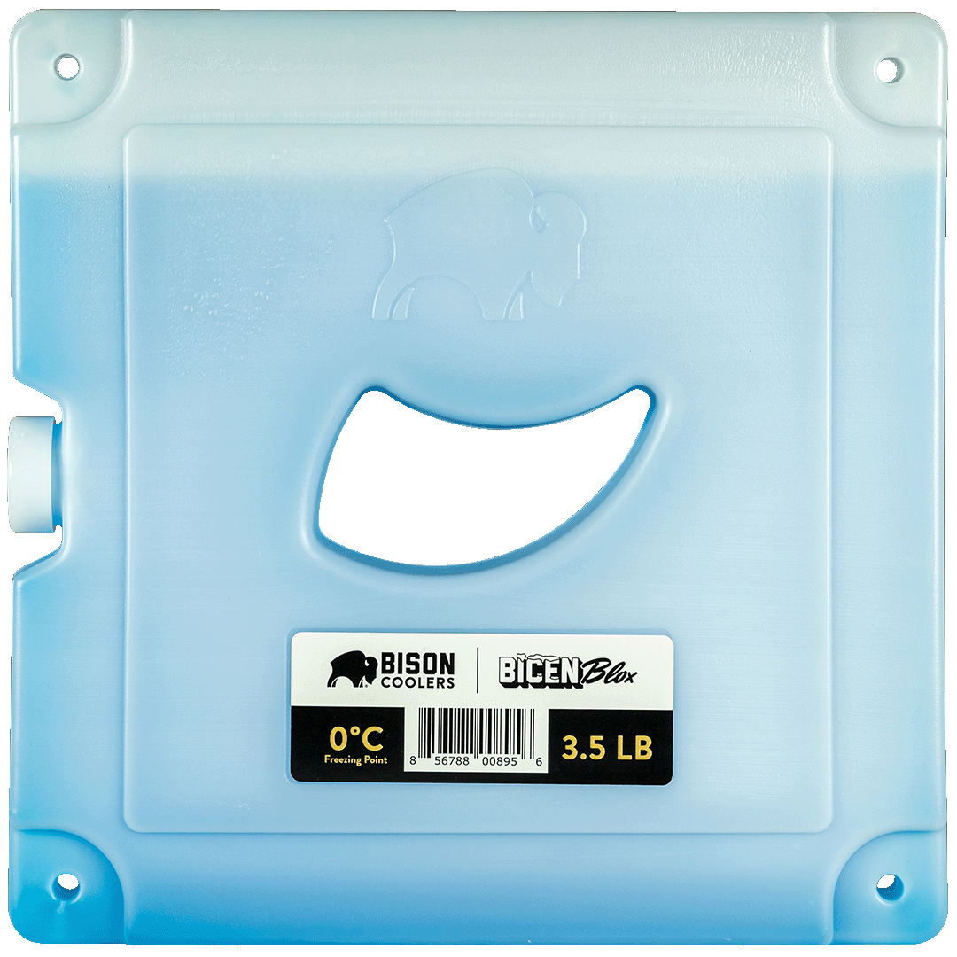 Blue ice block by Bison Coolers, featuring a buffalo logo and a curved cutout.
