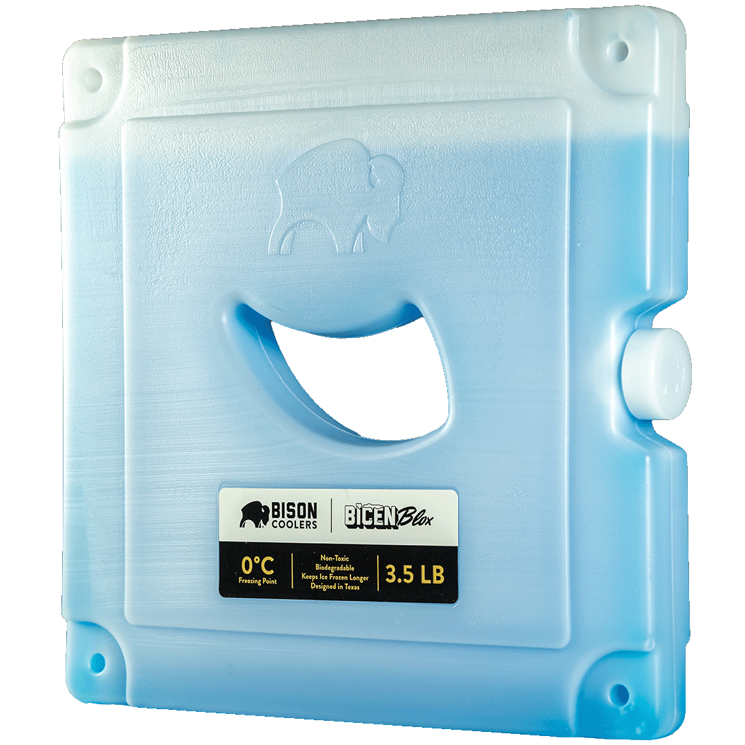 Blue ice pack by Bison Coolers, featuring a cutout handle and rounded corners.
