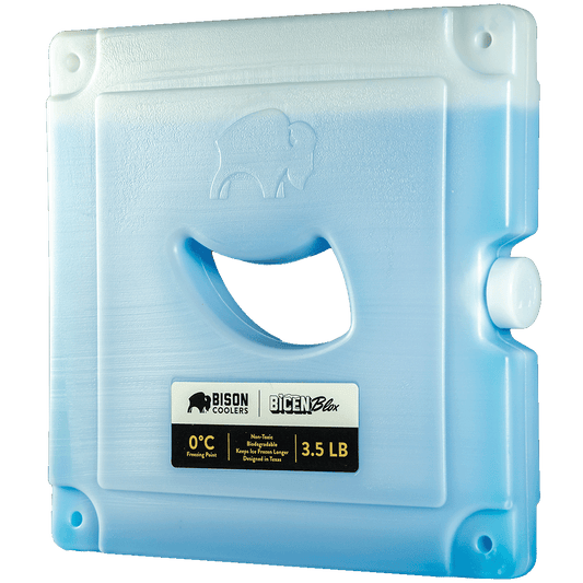 Blue ice pack by Bison Coolers, featuring a cutout handle and rounded corners.
