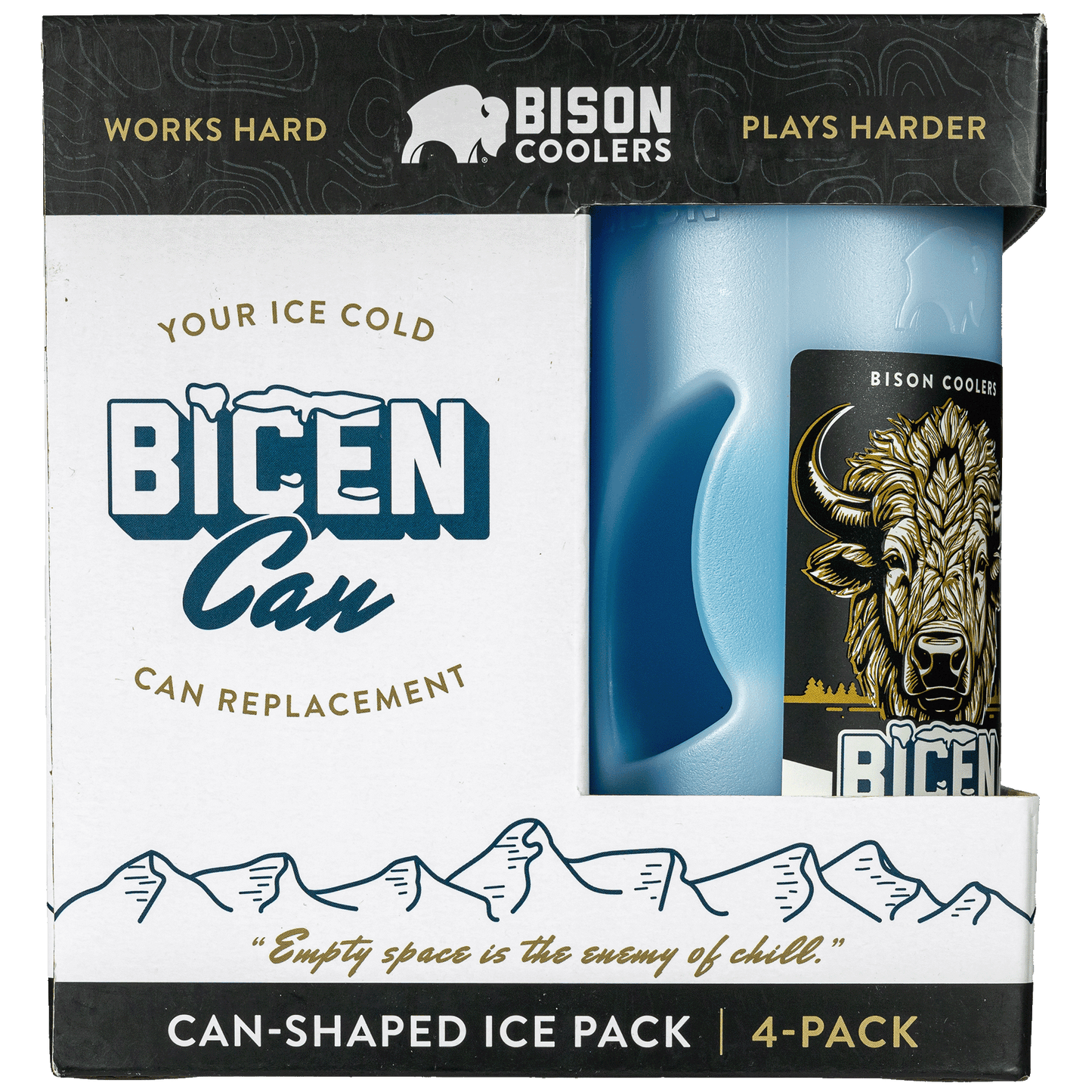 Can-shaped ice pack by Bison Coolers, with a mountain graphic and descriptive text on the packaging.