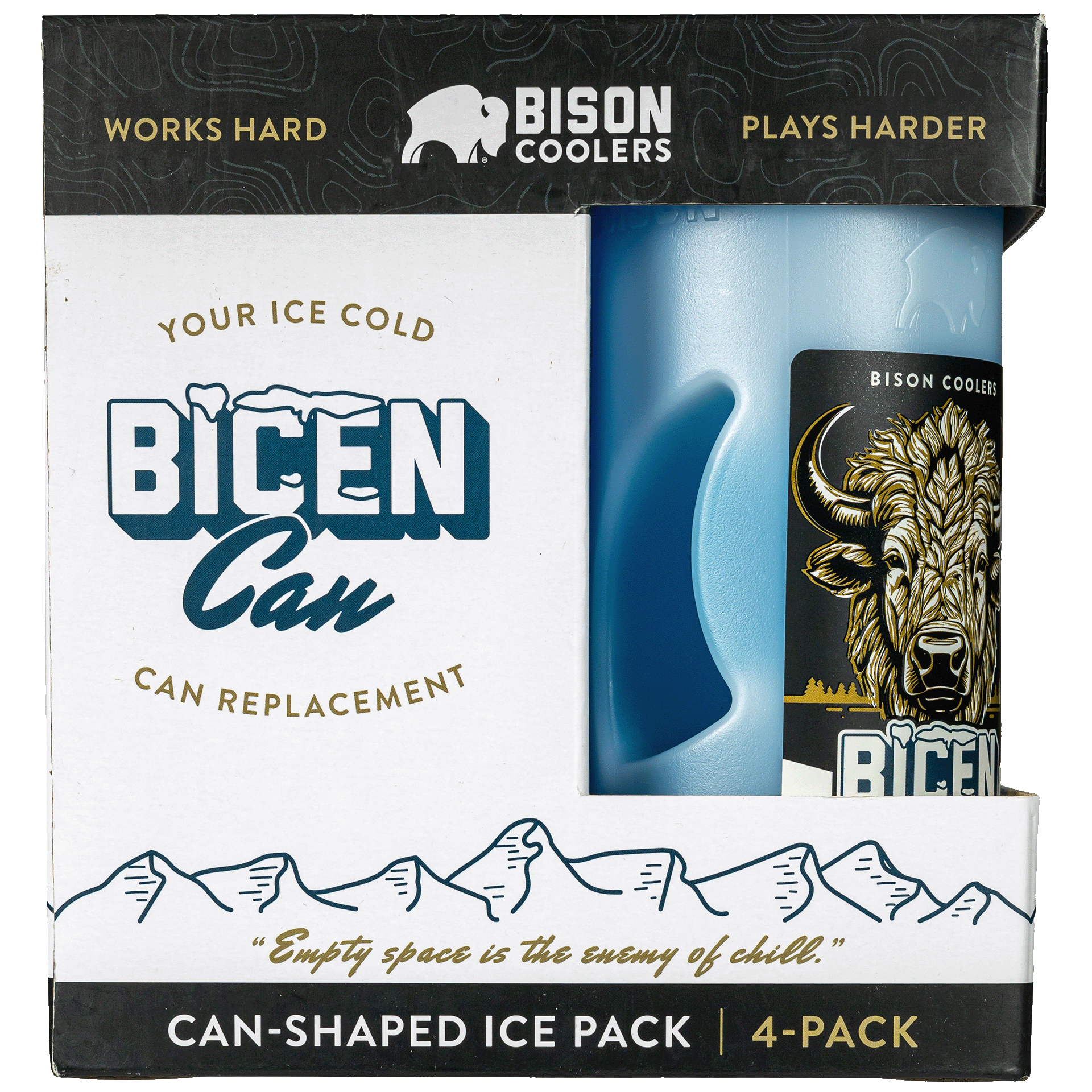 Can-shaped ice pack by Bison Coolers, with a mountain graphic and descriptive text on the packaging.