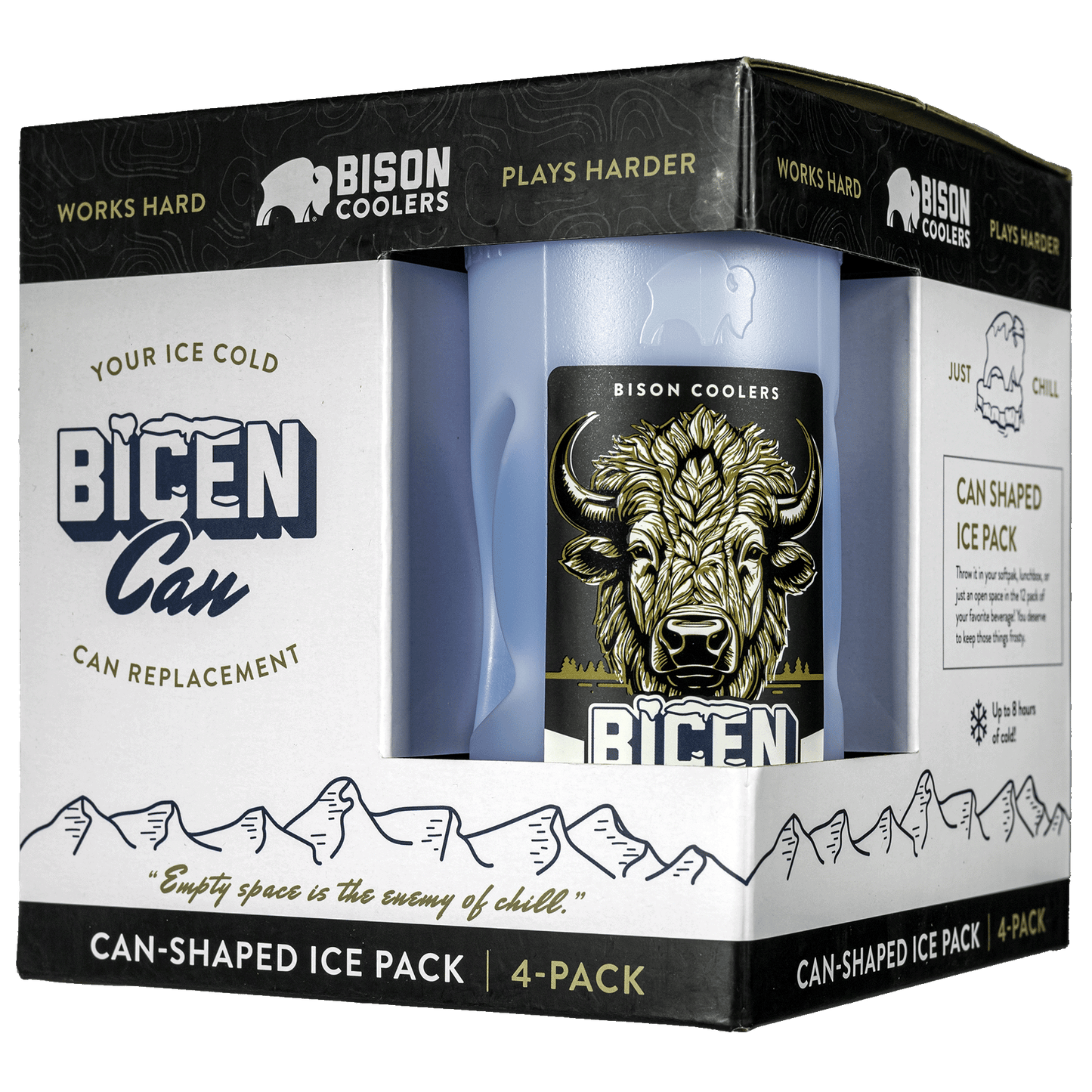 Can-shaped ice pack by Bison Coolers with bison head graphic on the container and mountain range print on the box.