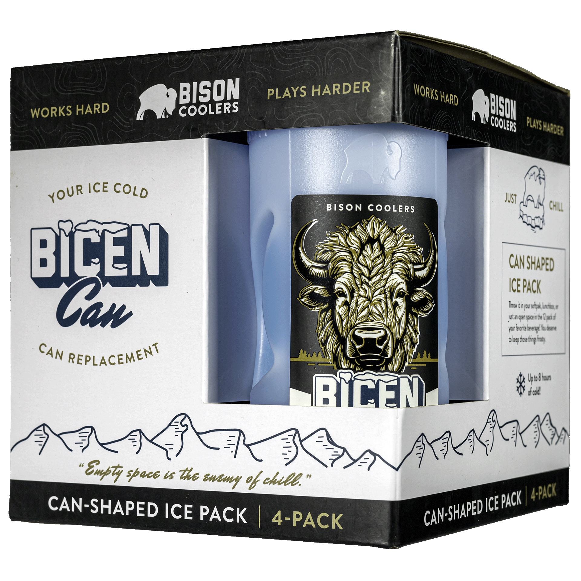 Can-shaped ice pack by Bison Coolers with bison head graphic on the container and mountain range print on the box.