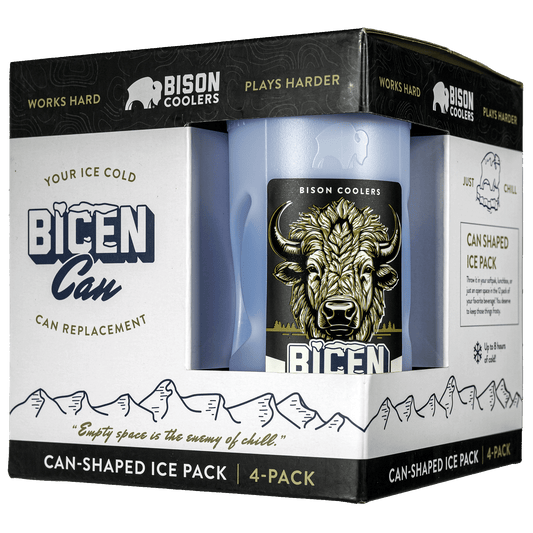 Can-shaped ice pack by Bison Coolers with bison head graphic on the container and mountain range print on the box.
