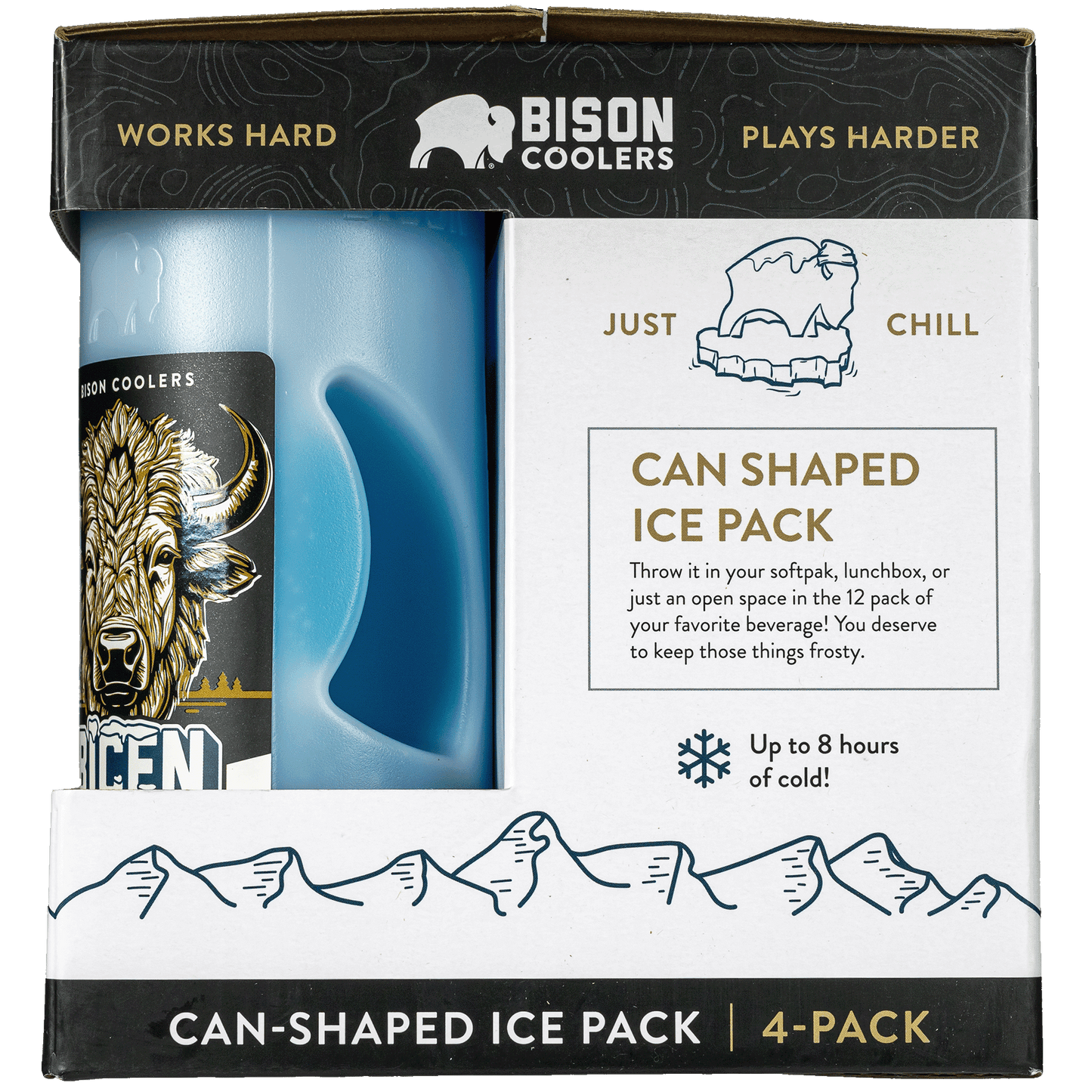 Four can-shaped ice packs by Bison Coolers displayed in packaging with mountain graphics.