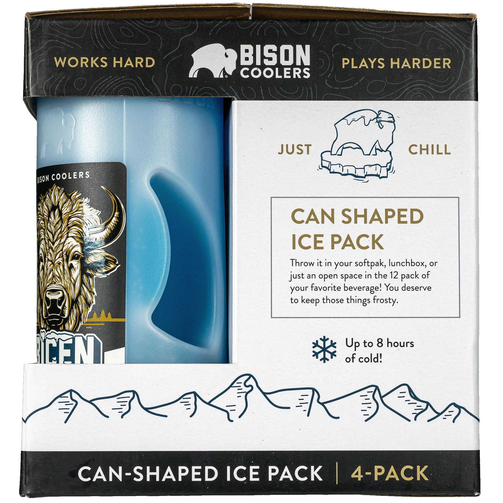 Four can-shaped ice packs by Bison Coolers displayed in packaging with mountain graphics.