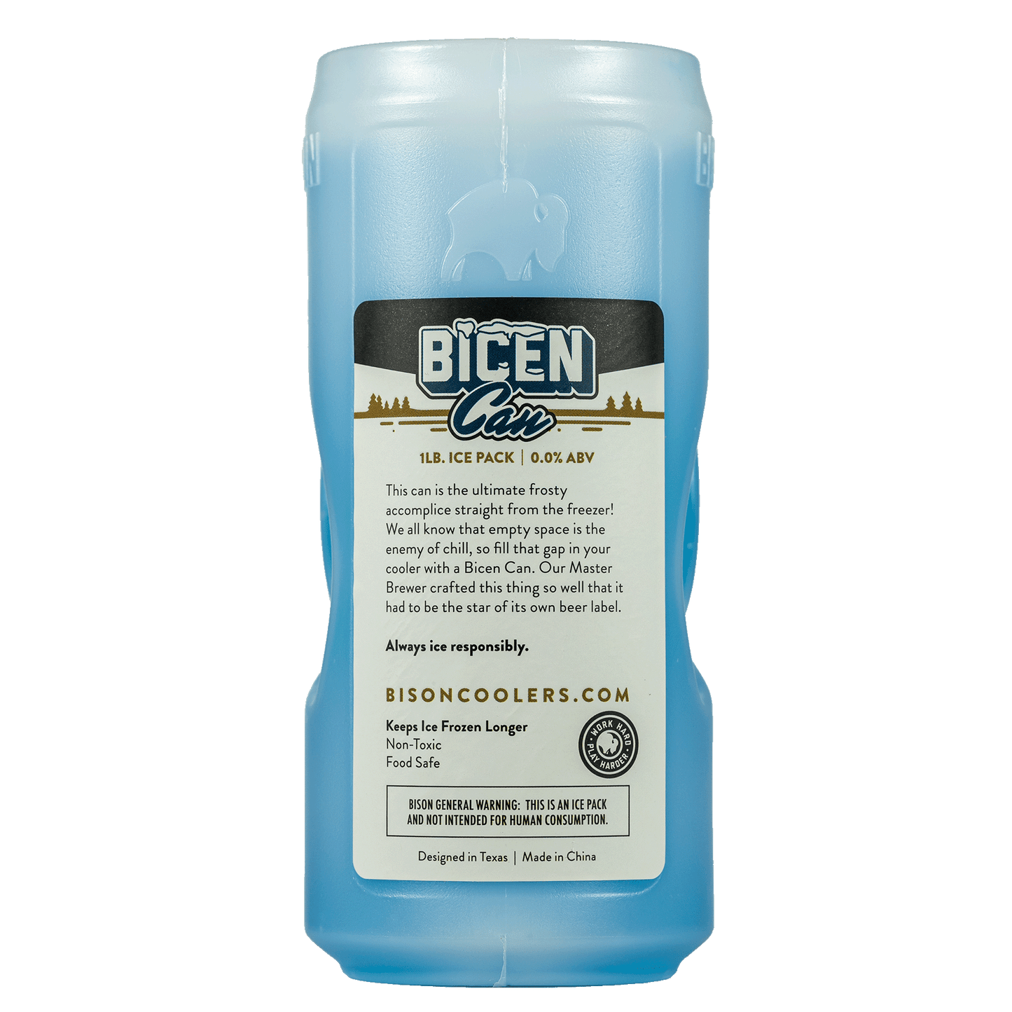 Blue ice pack can by Bicen, featuring logo and product information on label.
