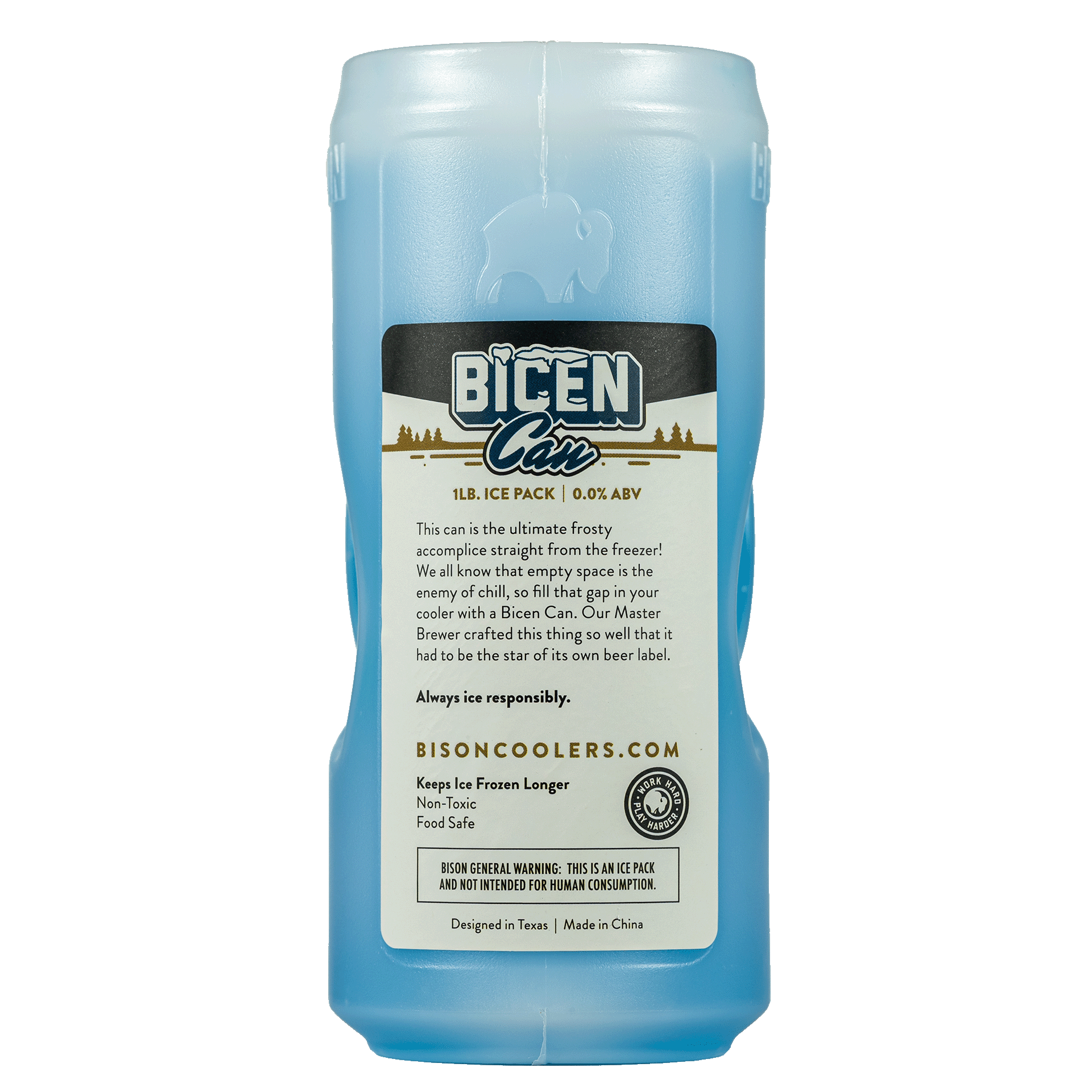 Blue ice pack can by Bicen, featuring logo and product information on label.