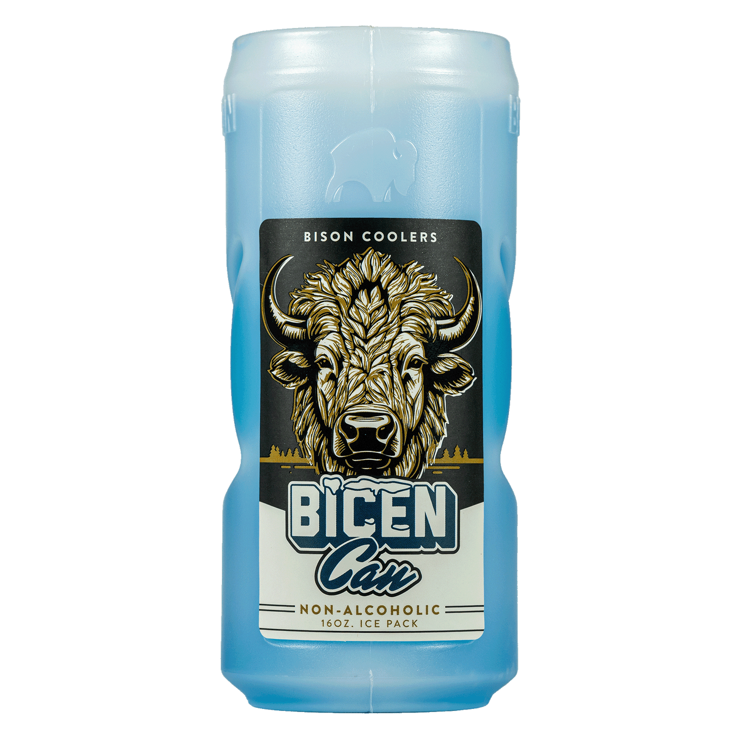 Blue non-alcoholic ice pack by Bison Coolers with a bison logo, styled in the shape of a can.
