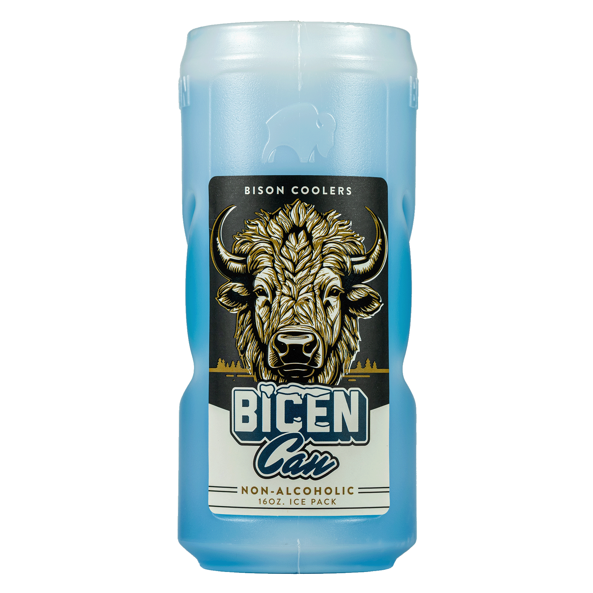 Blue non-alcoholic ice pack by Bison Coolers with a bison logo, styled in the shape of a can.
