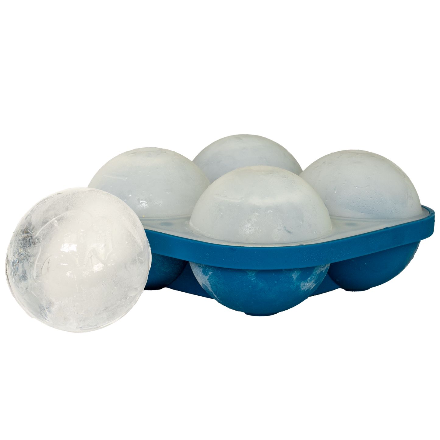 Ice ball mold by BICEN with five ice spheres in a blue tray and one outside of the tray.
