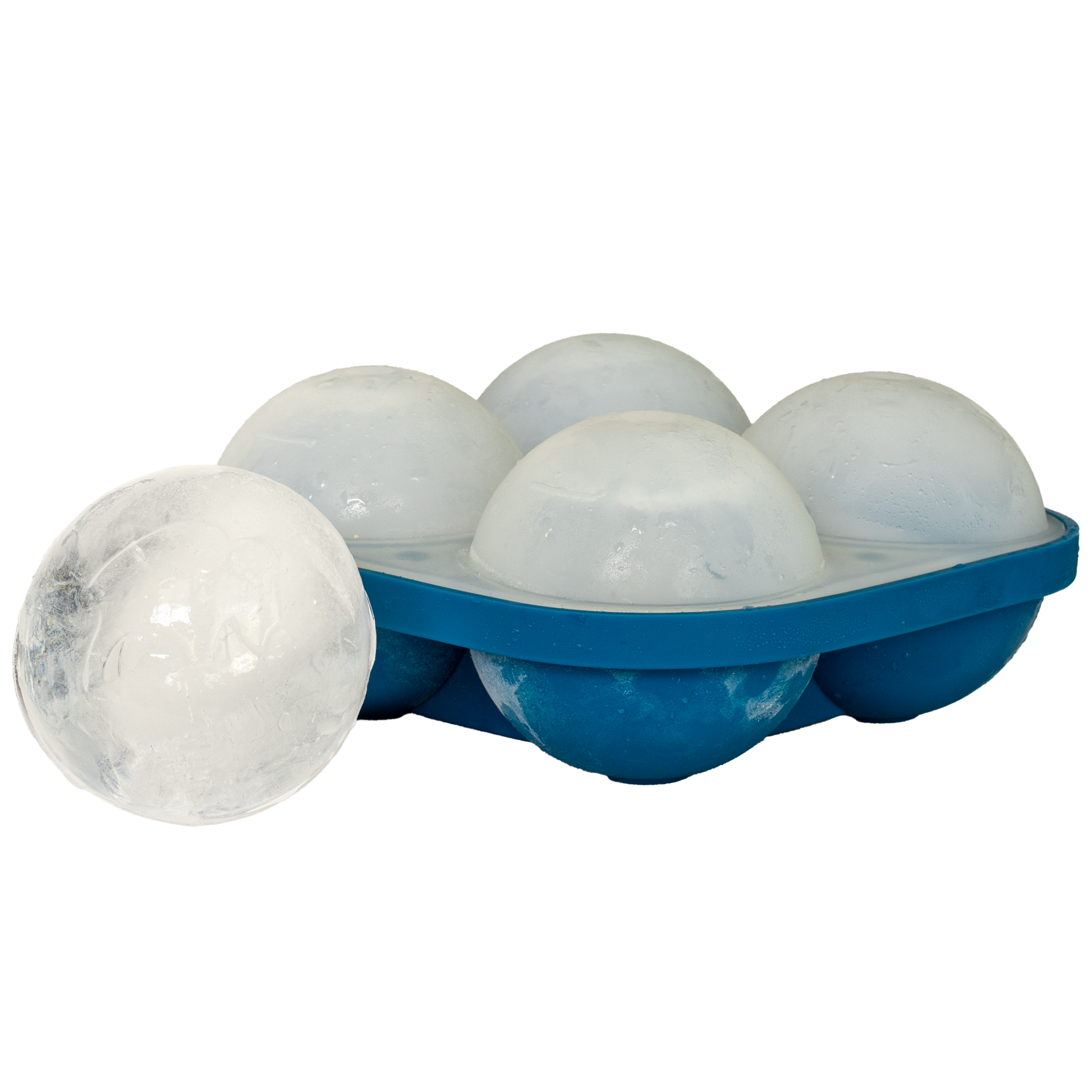 Ice ball mold by BICEN with five ice spheres in a blue tray and one outside of the tray.
